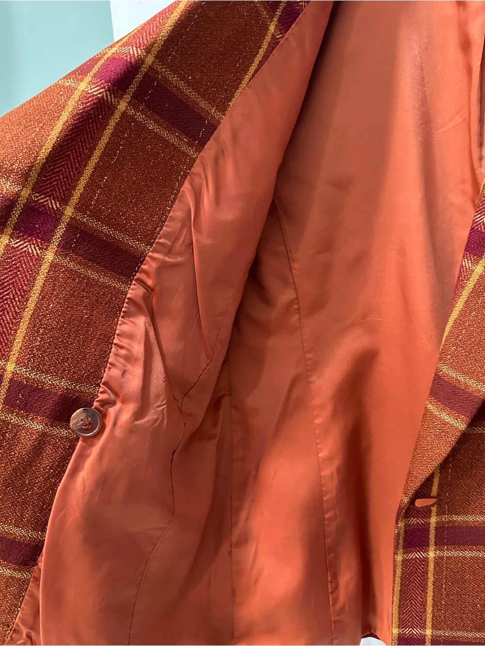 Liz Claiborne Vintage Wool & Silk Blend Burnt Orange and Mustard Plaid Blazer - Picture 5 of 8